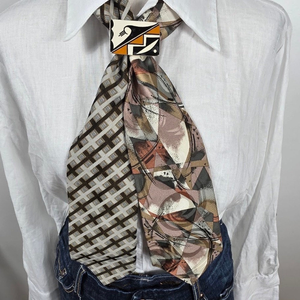 Upcycled Scarf Tie Women OS Brown w Brooch Artsy